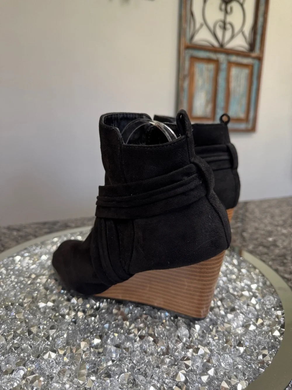 Journee Collection Black faux Suede Peep-Toe Wedge Booties 7.5